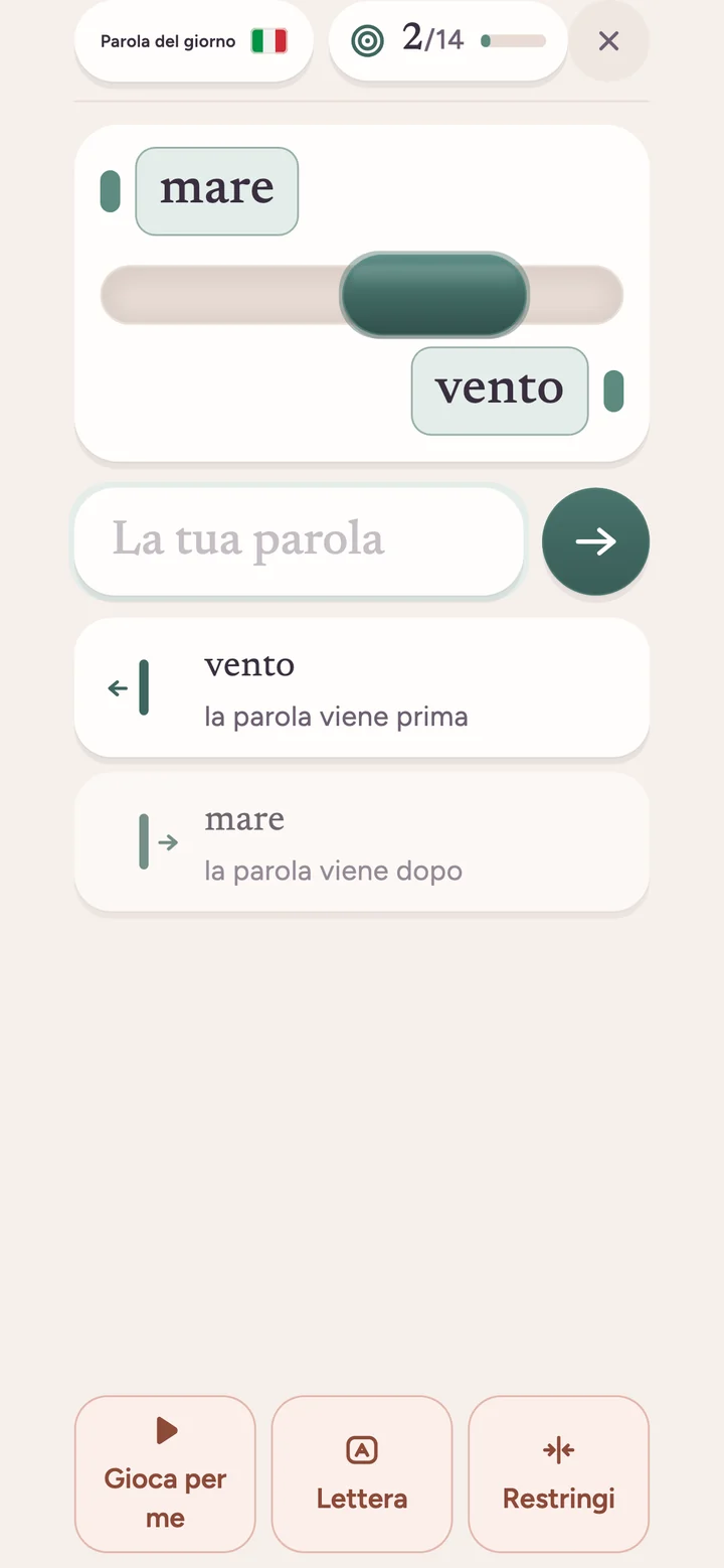 Il tabellone: una parola segreta stretta fra due muri.